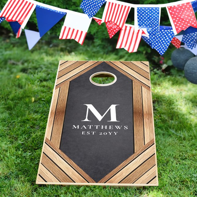 Rustic Wood Personalized Wedding Monogram | Black  Cornhole Set (Creator Uploaded)