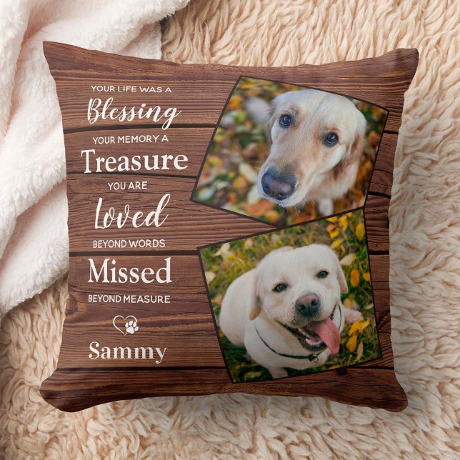 Rustic Wood Pet Loss Dog Memorial Custom 2 Photo Throw Pillow (Creator Uploaded)