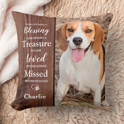 Rustic Wood Pet Memorial Personalized Dog 2 Photo Throw Pillow