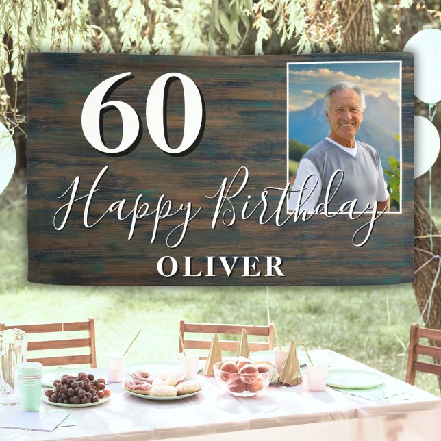 Rustic Wood Photo 60th Birthday Party Banner (Creator Uploaded)