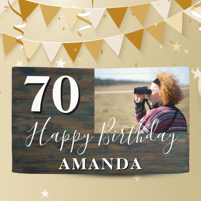 Rustic Wood Photo 70th Birthday Party Banner (Creator Uploaded)