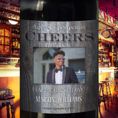 Rustic Wood Photo Birthday Wine Label