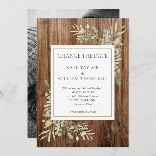 Rustic Wood Photo Change the Date Greenery Leaves Save The Date
