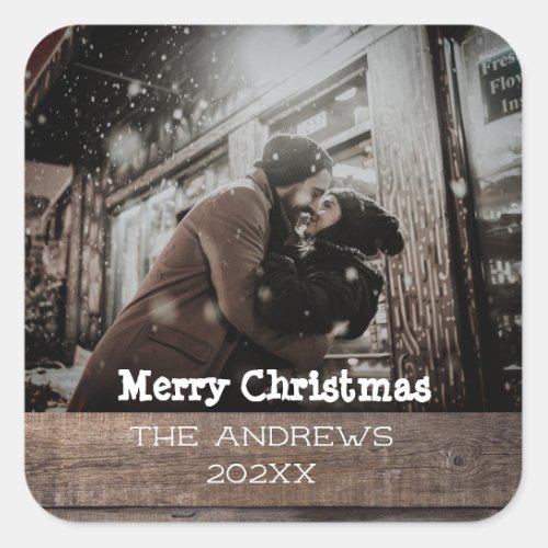 Rustic Wood Photo Christmas Holiday  Square Sticker