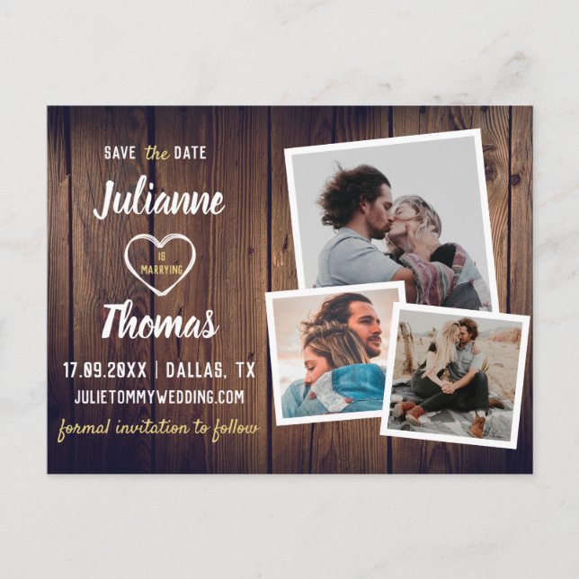 Rustic Wood Photo Collage Budget Wedding Announcement Postcard (Front)