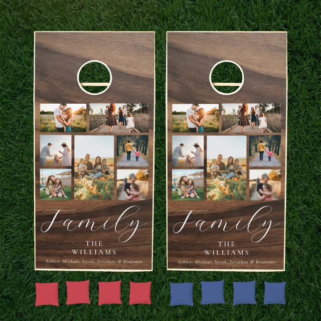 Rustic Wood Photo Collage Elegant Script Family Cornhole Set (Creator Uploaded)