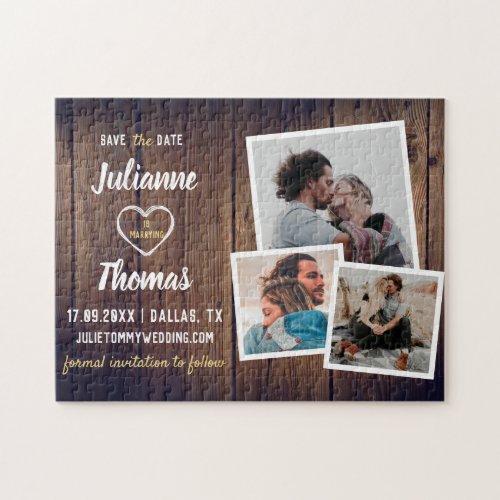 Rustic Wood Photo Collage Elegant Wedding Save The Jigsaw Puzzle