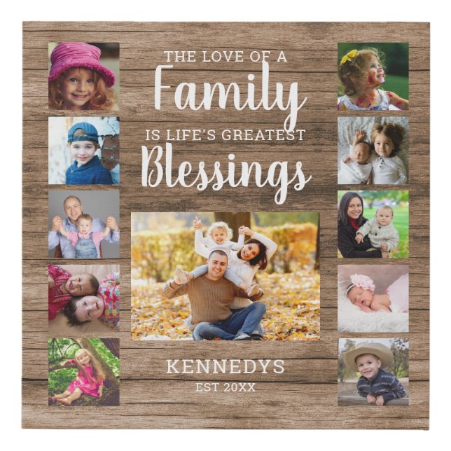 Rustic Wood Photo Collage Family Blessing Quote Faux Canvas Print (Front)