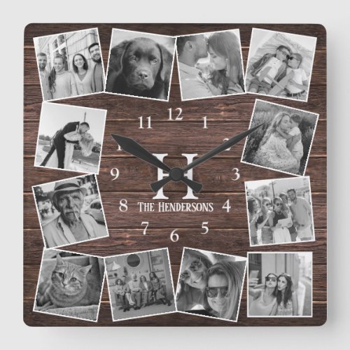 Rustic Wood Photo Collage Monogram Create Your Own Square Wall Clock
