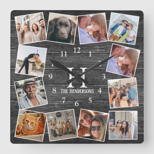 Rustic Wood Photo Collage Monogram Create Your Own Square Wall Clock