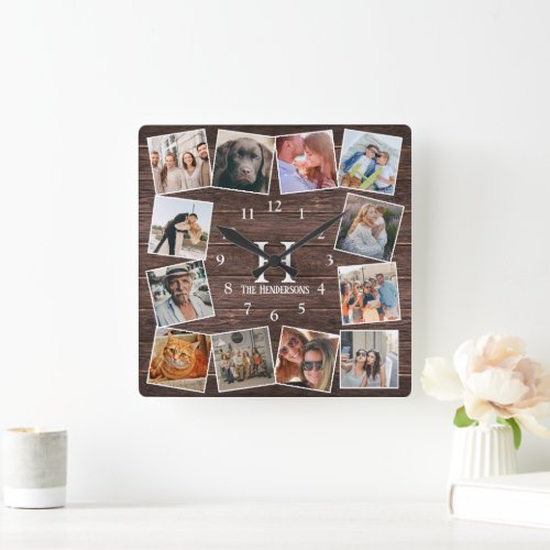 Rustic Wood Photo Collage Monogram Create Your Own Square Wall Clock