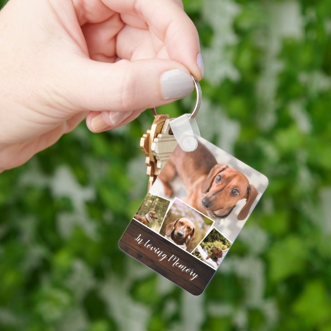 Rustic Wood Photo Collage Pet Memorial Keychain (Hand)