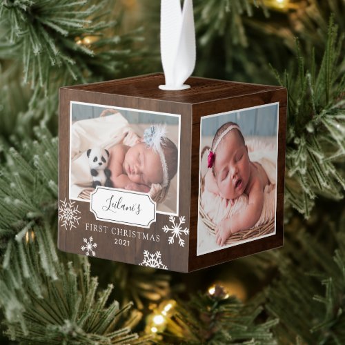 Rustic Wood Photo Collage Snow Cube Ornament