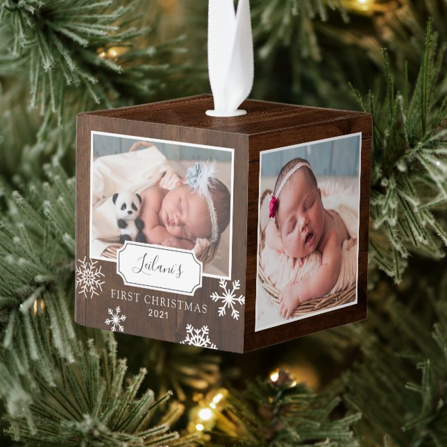 Rustic Wood Photo Collage Snow Cube Ornament (Tree)