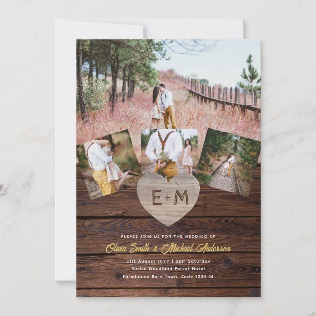 Rustic Wood Photo Collage Woodland Forest Barn Invitation (Front)