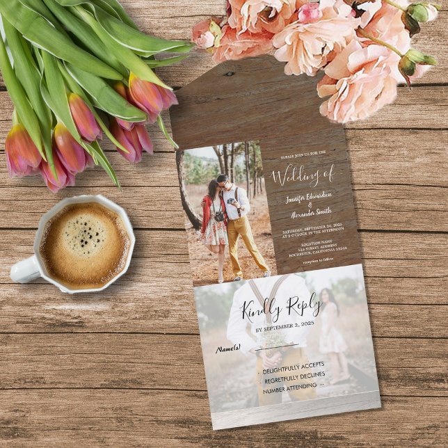 Rustic wood photo country Wedding All In One Invitation (Rustic barn wood photo country Wedding All In One Invitation. Wedding invitation and RSVP in one.)