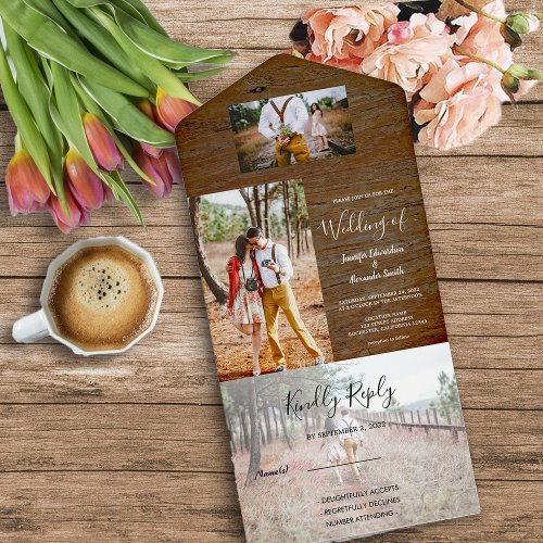 Rustic wood photo country Wedding All In One Invitation