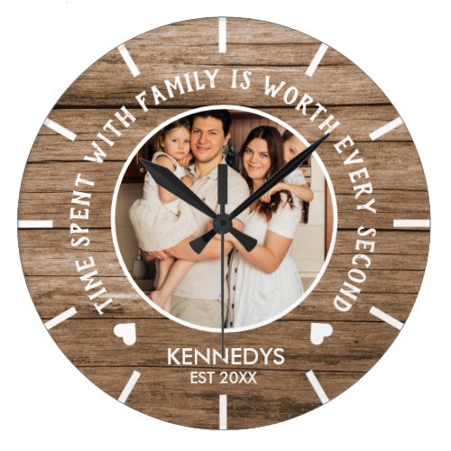 Rustic Wood Photo Family Name Quote Large Clock