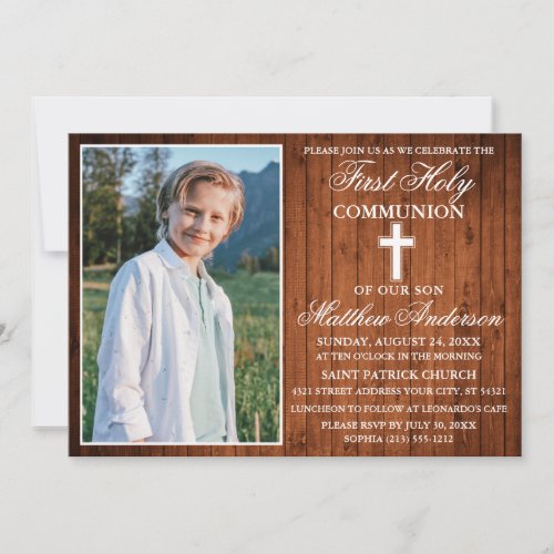 Rustic Wood Photo First Holy Communion Invitation