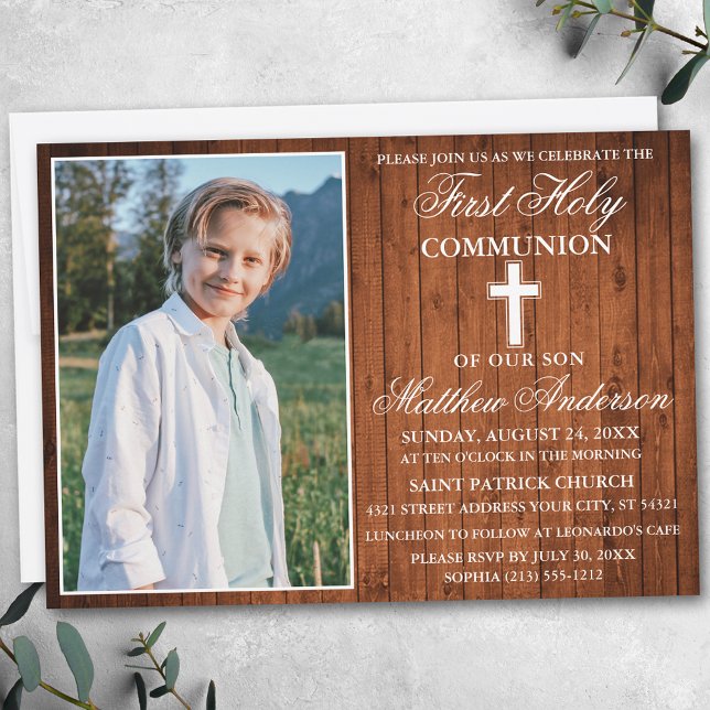 Rustic Wood Photo First Holy Communion Invitation (Customize to change text size, text style or to add more text to back of card.)