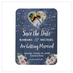Rustic Wood Photo Floral Wedding Save the Date    Magnet<br><div class="desc">This lovely watercolor Rustic Romantic Wood Twinkle Lights Floral Save the Date magnet features a slate blue wooden background with pink and white flowers, with just a touch of purple, highlighted by a photo of the bride and groom. Touches of calligraphy are a perfect accompaniment to the beautiful flowers. A...</div>