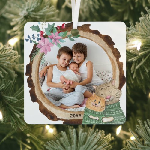 Rustic Wood Photo Frame with Cozy Christmas Cats Metal Ornament