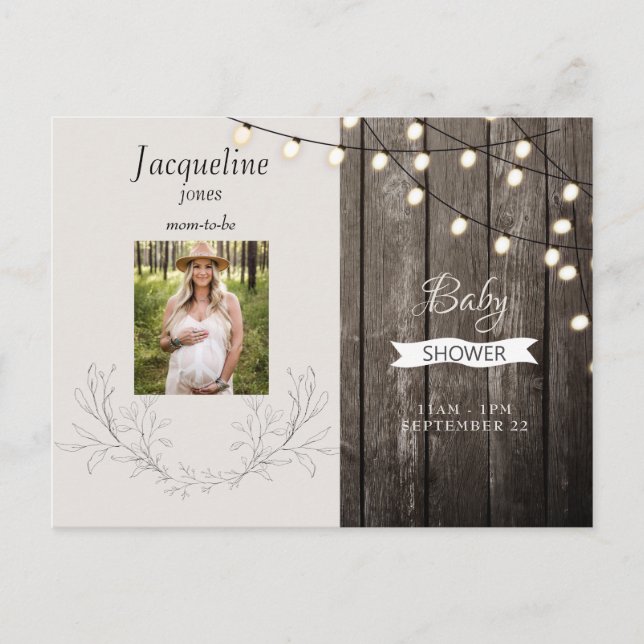Rustic Wood Photo Neutral Lights Baby Shower Invitation Postcard (Front)