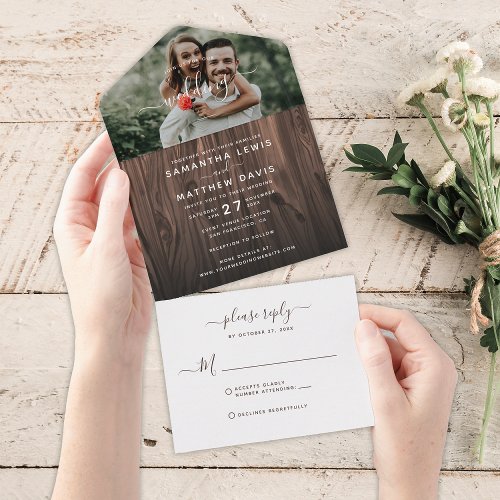 Rustic Wood Photo Outdoor Wedding All In One Invitation