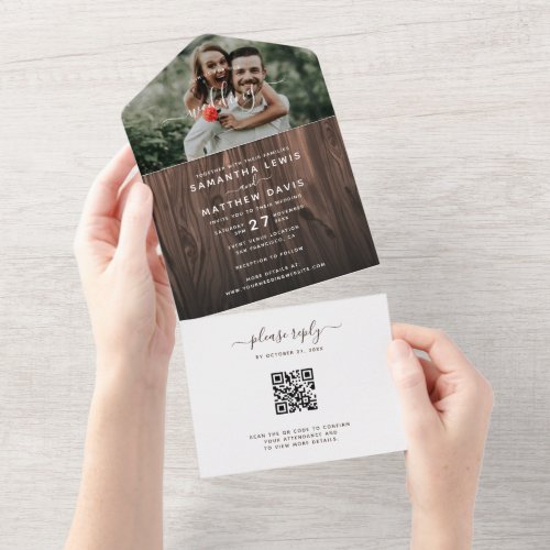Rustic Wood Photo Outdoor Wedding QR Code RSVP All In One Invitation
