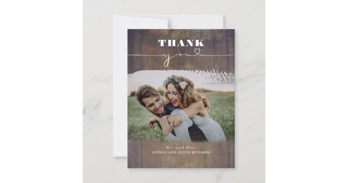 Rustic Wood Photo Overlay Wedding Thank You Card | Zazzle