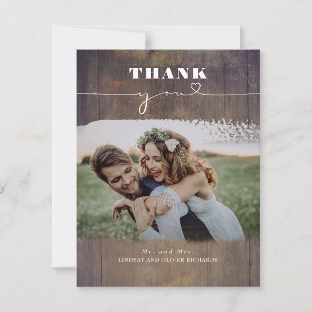 Rustic Wood Photo Overlay Wedding Thank You Card (Front)