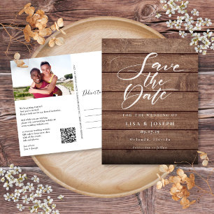 Rustic Wood Photo QR Code Save the Date Postcard