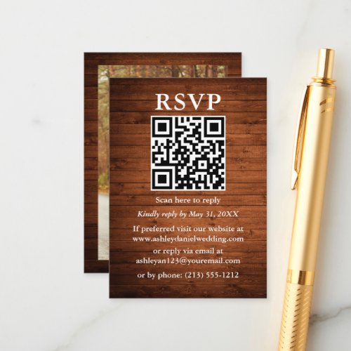 Rustic Wood Photo QR Wedding RSVP Enclosure Card