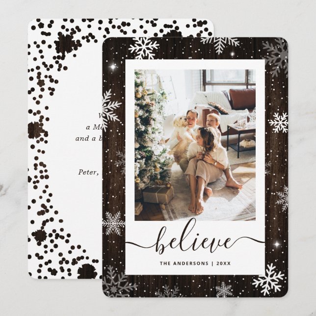 Rustic Wood Photo Snowflake Holiday Card (Front/Back)
