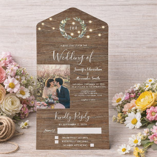 Rustic wood photo string lights country Wedding All In One Invitation