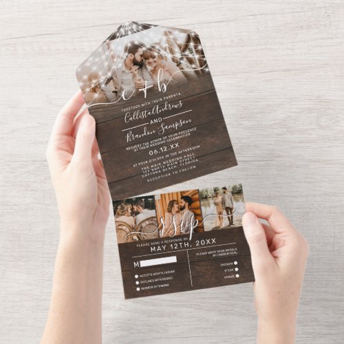 Rustic Wood Photo String Lights Wedding RSVP All In One Invitation