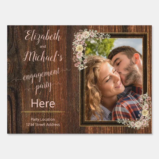 Rustic Wood Photo Templet Floral Engagement Party Sign | Zazzle