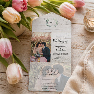 Rustic wood photo watercolor leaves Wedding All In One Invitation