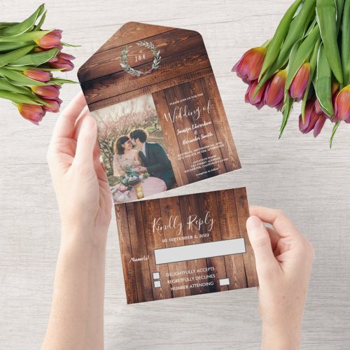 Rustic wood photo watercolor leaves Wedding All In One Invitation