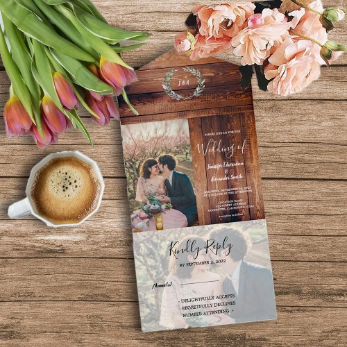 Rustic wood photo watercolor leaves Wedding All In One Invitation
