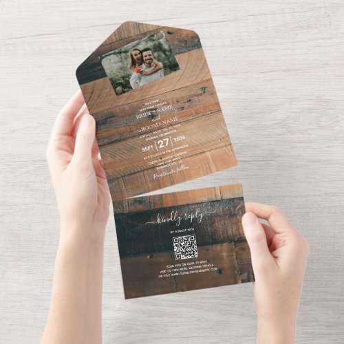 Rustic Wood Photo Wedding  All In One Invitation