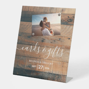 Rustic Wood Photo Wedding Cards & Gifts Pedestal Sign