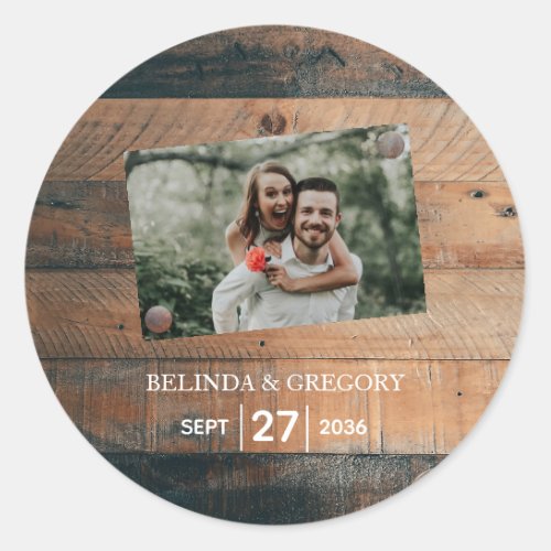 Rustic Wood Photo Wedding Classic Round Sticker