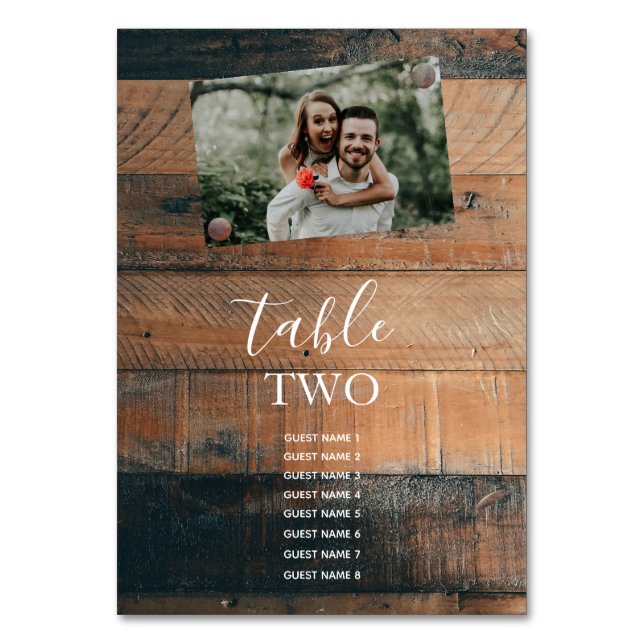 Rustic Wood Photo Wedding Guest Names Table Number (Front)