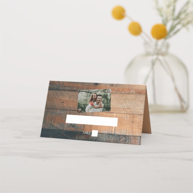 Rustic Wood Photo Wedding Place Card (Front)