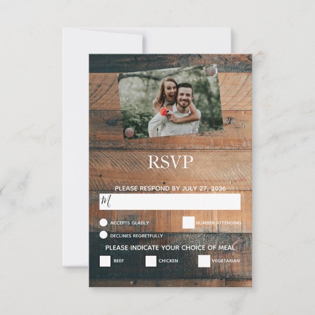 Rustic Wood Photo Wedding RSVP Cards (Front)