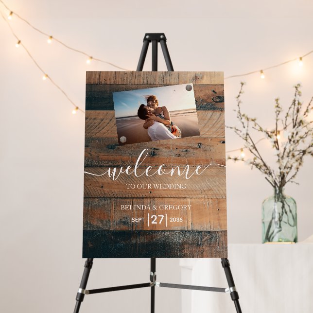 Rustic Wood Photo Wedding Welcome Sign (In Situ (Stand))