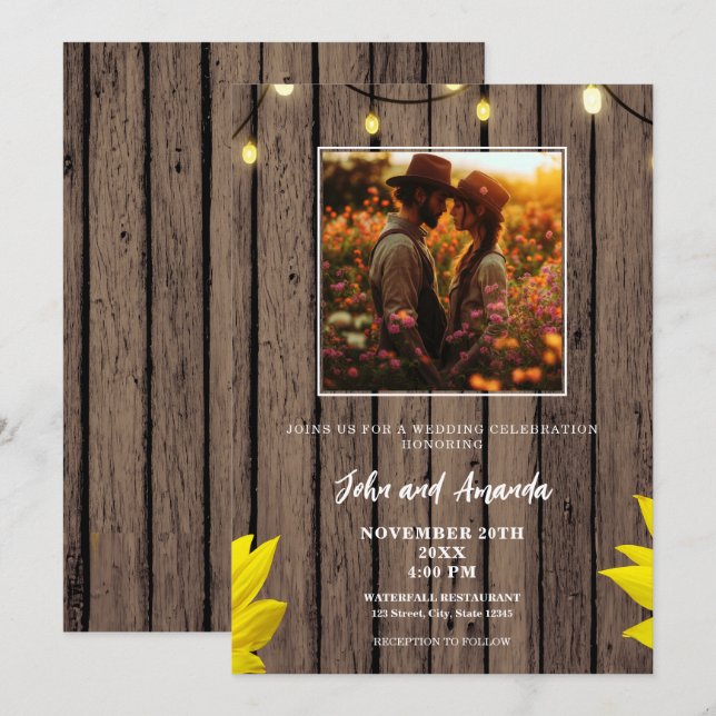 Rustic Wood Photo Western Wedding Invitation (Front/Back)