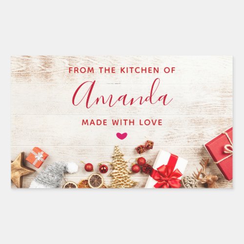 Rustic Wood Photo with Christmas Items Kitchen Rectangular Sticker