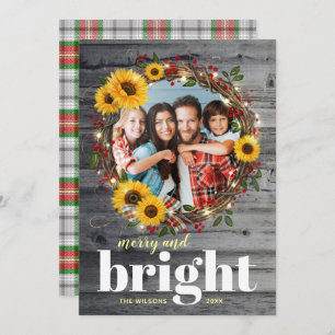 Rustic Wood Photo Wreath Sunflower Christmas Cards